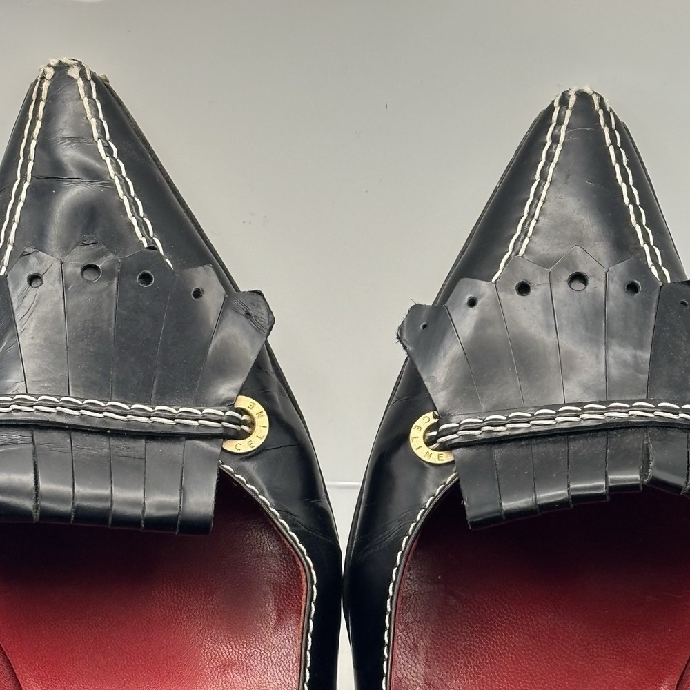 Vintage CELINE Paris Black Leather Kiltie Loafers White Stitch 38 B Made‎ Italy - Picture 8 of 11